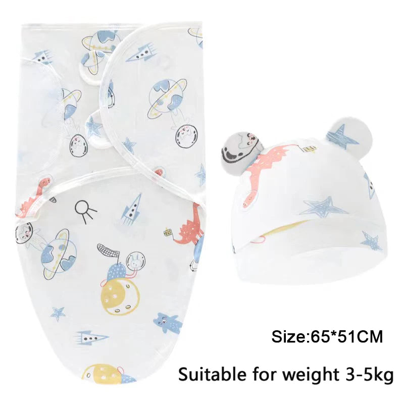 Baby Blanket Hat Set, Cartoon Printed Cotton Newborn Swaddle, Adjustable Infant Sleeping Swaddle Wraps, All Seasons, 0-6 Months