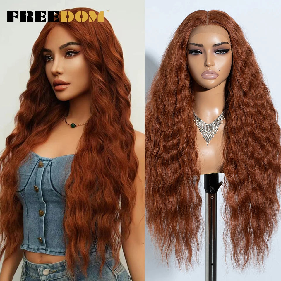 Synthetic Lace Front Wig, Long Deep Wavy Ombre Blonde Ginger Lace Wigs For Black Women, Heat Resistant Cosplay Wigs, FREEDOM