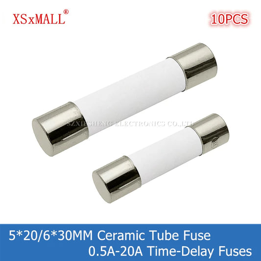 10PCS 5*20/6*30MM Slow-Blow Ceramic Tube Fuse T0.5A 1A 1.6A 2A 2.5A 3A 3.15A 4A 5A 6.3A 8A 10A 12A 15A 16A 20A Time-Delay Fuses