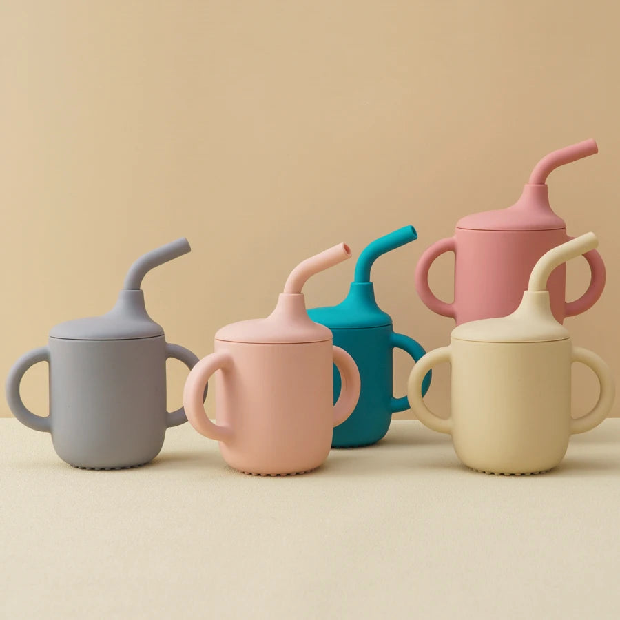 Color Kids 1Pcs Baby Learning Drinking Cup Portable Straw Detailed Comfortable Grip Silicone Double Ear Kids Sippy Cup Baby Stuff
