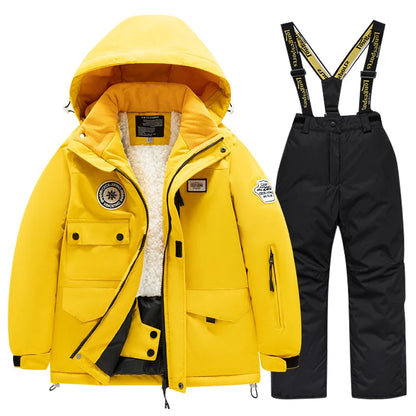Winter children's skiing suit for boys and girls, windproof and waterproof thick coat for warmth and snow playing equipment