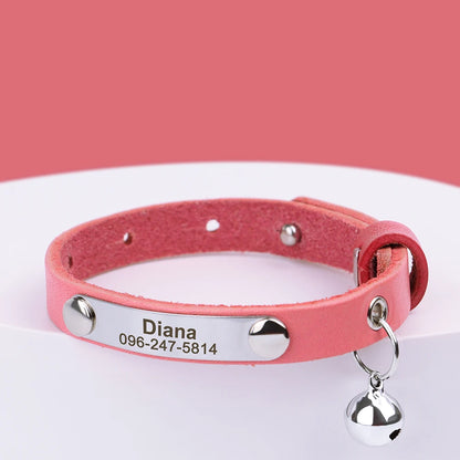 Personalized Cat Collar Leather Kitten Cats Collars Adjustable Pet Necklace With Bell Anti-lost for Cats Free Engraving Custom