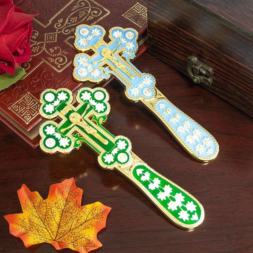 Orthodox Blessing Handheld Church Cross Gold Plated Colorful Enamel Jesus icon, Cross INRI Crucifix Single Face Jesus, HTISOK