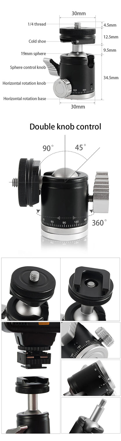 Mini Cold Shoe Ball Head, Dual Use 1/4 Screw Cold Shoe Aluminum Alloy Ball Head for Camera Phone Speedlite Tripod Selfie Stick, BEXIN K19