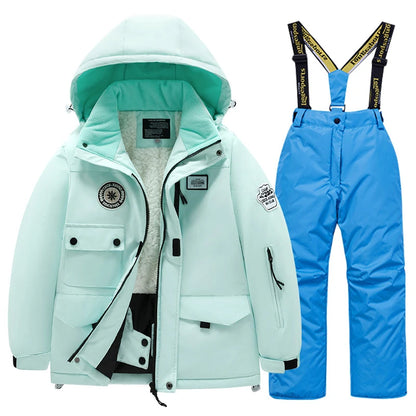 Winter children's skiing suit for boys and girls, windproof and waterproof thick coat for warmth and snow playing equipment