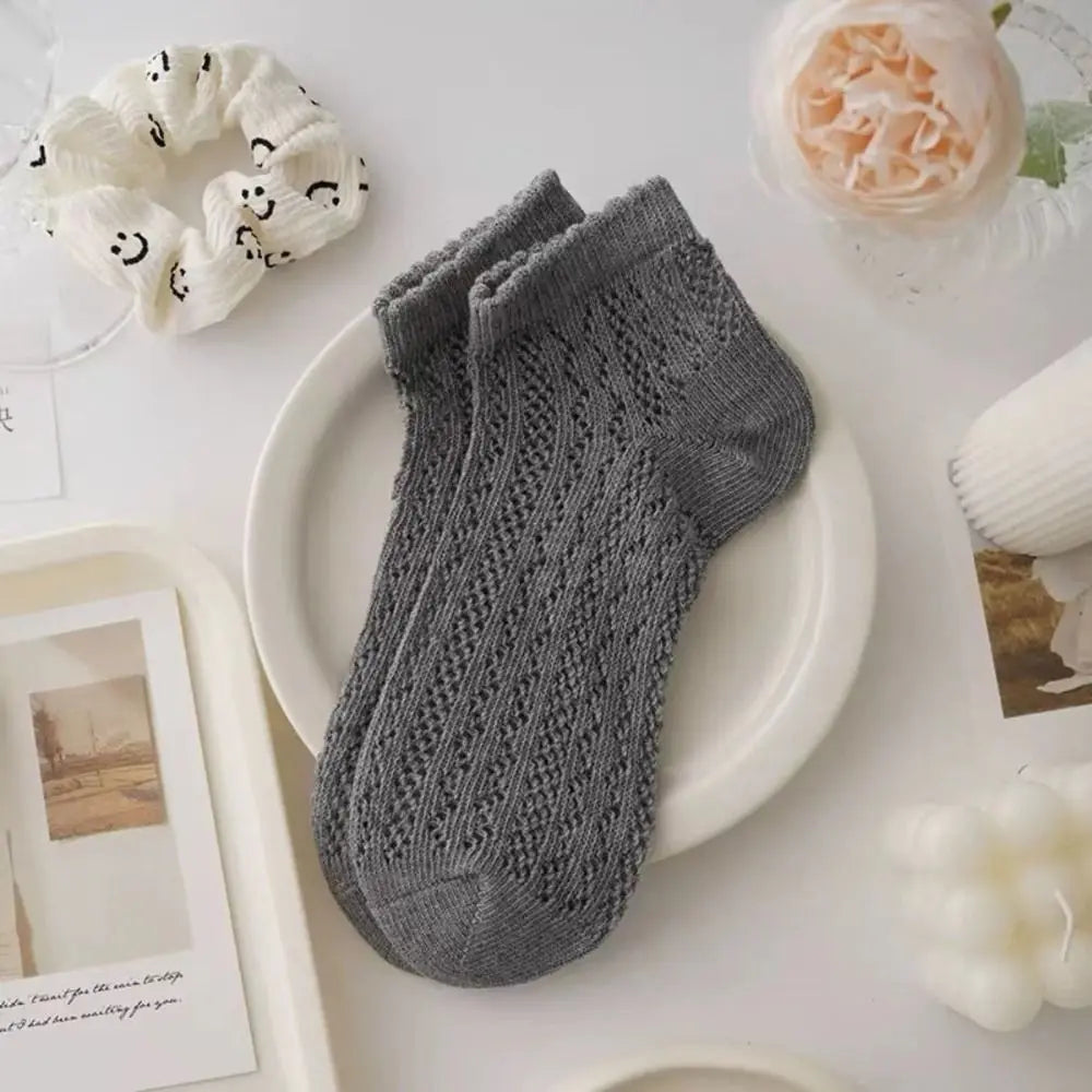 Cotton Women's Socks Frilly Ruffle Socks Spring Summer Casual Ankle Short Boat Socks Loose Knit Solid Color Mid-Calf Socks