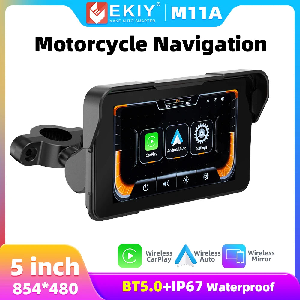 EKIY 5 inch GPS Navigation Motorcycle Wireless Carplay Android Auto IPX67 Waterproof Portable Screen BT Moto Motorbike Monitor