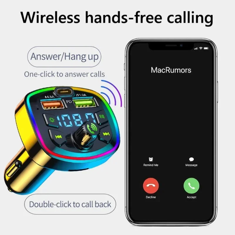 Car MP3 Player Bluetooth 5.0 FM Transmitter Handsfree Car Radio Modulator with Built-in Mic USB Quick Charge Adapter for Car