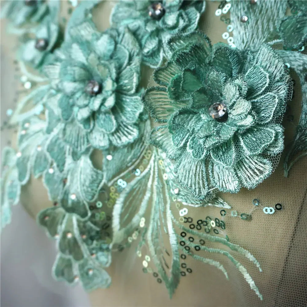 Grey Blue Red 3D Flower Leaf Lace Fabric Sequin Rhinestone Embroidered Gown Appliques Collar Mesh Sew Patch For Wedding Decor
