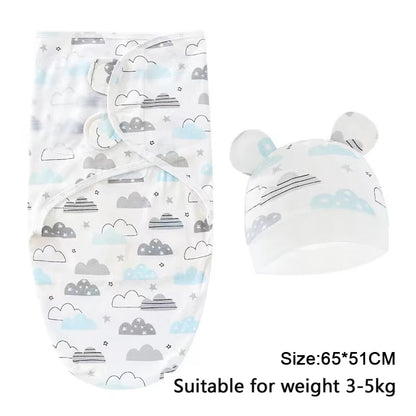 Baby Blanket Hat Set, Cartoon Printed Cotton Newborn Swaddle, Adjustable Infant Sleeping Swaddle Wraps, All Seasons, 0-6 Months