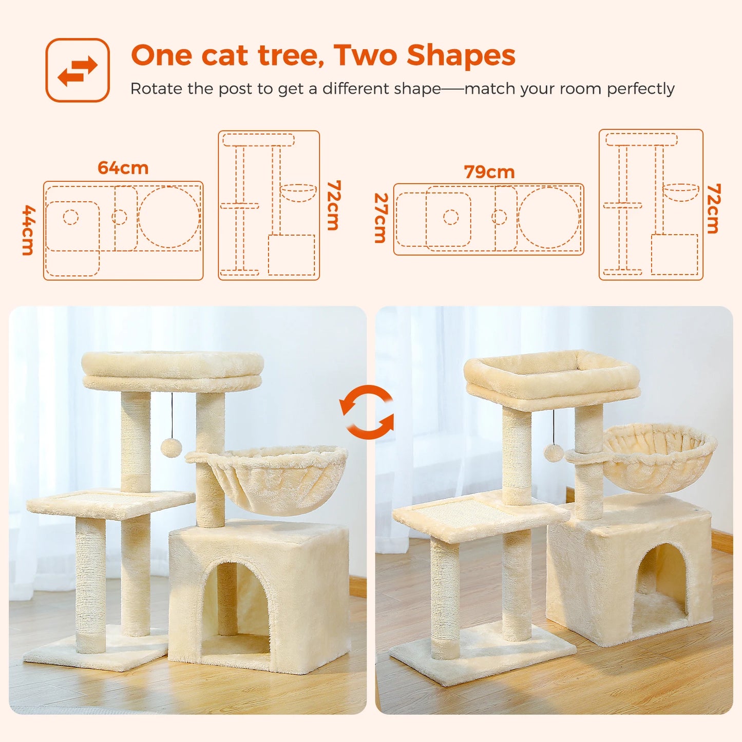 Cat tree, Cat Tower for Indoor Cats, 2 Styles Cat Activity Tree with Cat Scratching Posts, Big Hammock and Removable Top Perch Grey