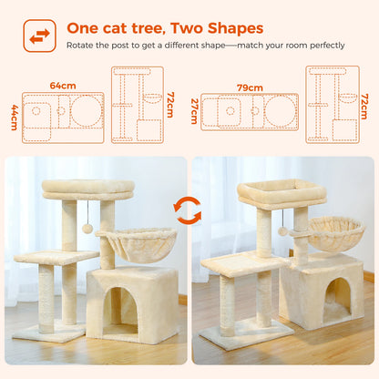Cat tree, Cat Tower for Indoor Cats, 2 Styles Cat Activity Tree with Cat Scratching Posts, Big Hammock and Removable Top Perch Grey