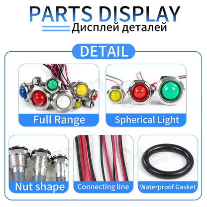 1Pcs 6/8/10/12/16/19/22mm Spherical Metal LED Warning Indicator Light Signal Lamp Pilot Wire 3-6 12-24 220V Power Waterproof IP65