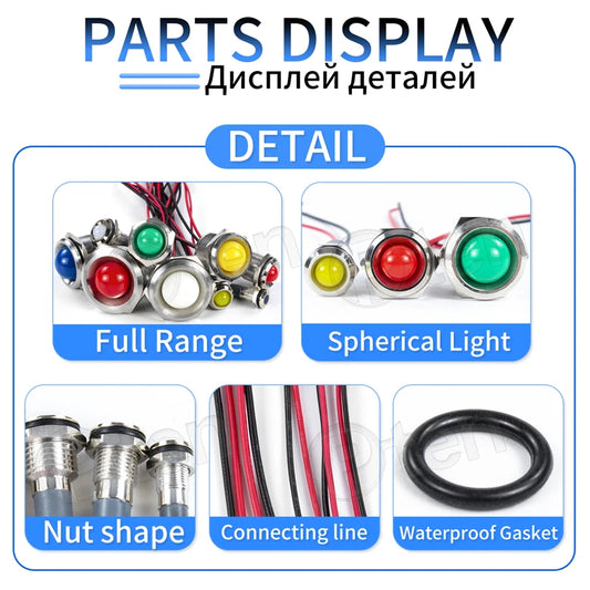 1Pcs 6/8/10/12/16/19/22mm Spherical Metal LED Warning Indicator Light Signal Lamp Pilot Wire 3-6 12-24 220V Power Waterproof IP65