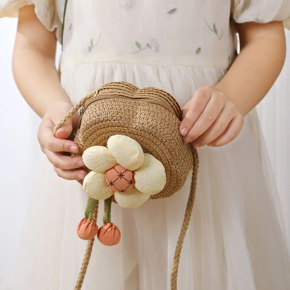 Bolso bandolera de paja duradero, monedero tejido con flores, bolso de mano para niñas, bolso de hombro tipo mensajero para niños, mini bolso de princesa lindo de verano