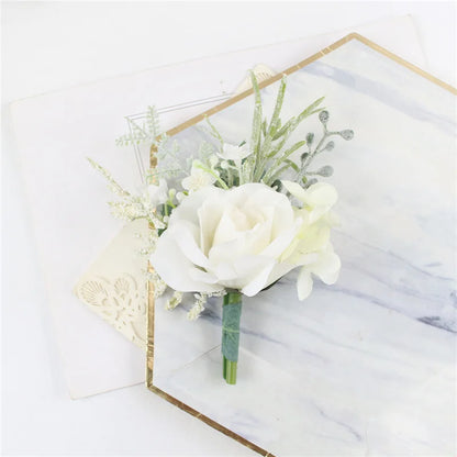 Boutonnieres Flowers Artificial White Roses Silk Ivory Corsage Buttonhole Groomsmen Boutonniere for Men Wedding Accessories