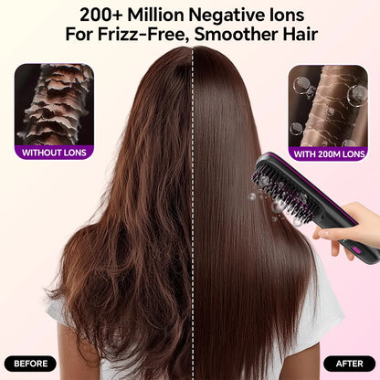 Rechargeable Hair Straightener Brush, Ionic Straightening Comb - 20s Fast Heating, 3 Temp Settings & LED Display for Home Salon