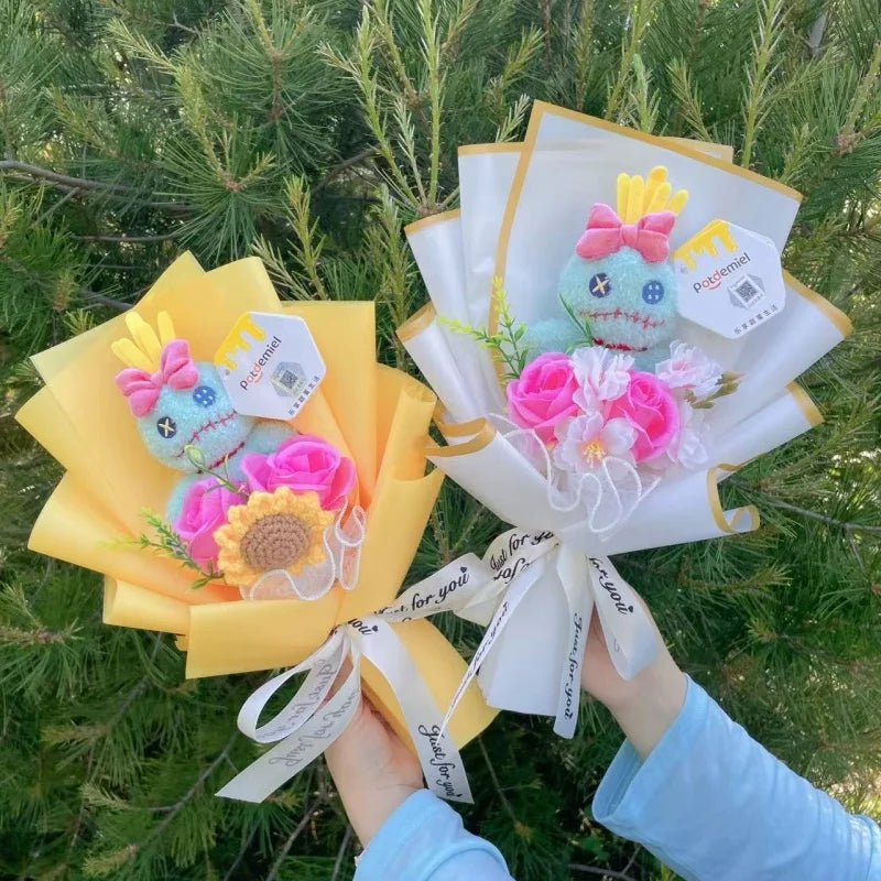 Auténticas muñecas de peluche Amine Stitch con girasoles, rosas, ramos creativos, regalos para Navidad, cumpleaños, graduación y San Valentín