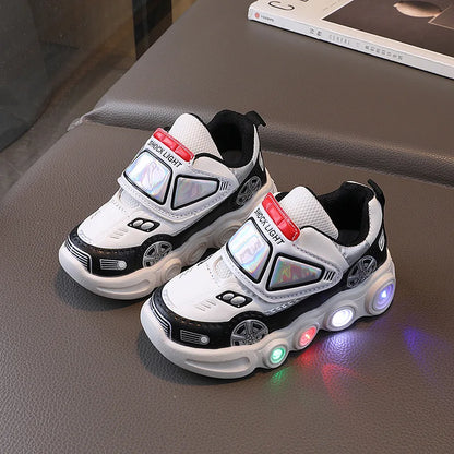 2026 Kids' Casual Shoes Led Light Car Club Cartoon PU Leather Spring Shoes For Children Anti-slip Red Blue Shoes Size 21-30