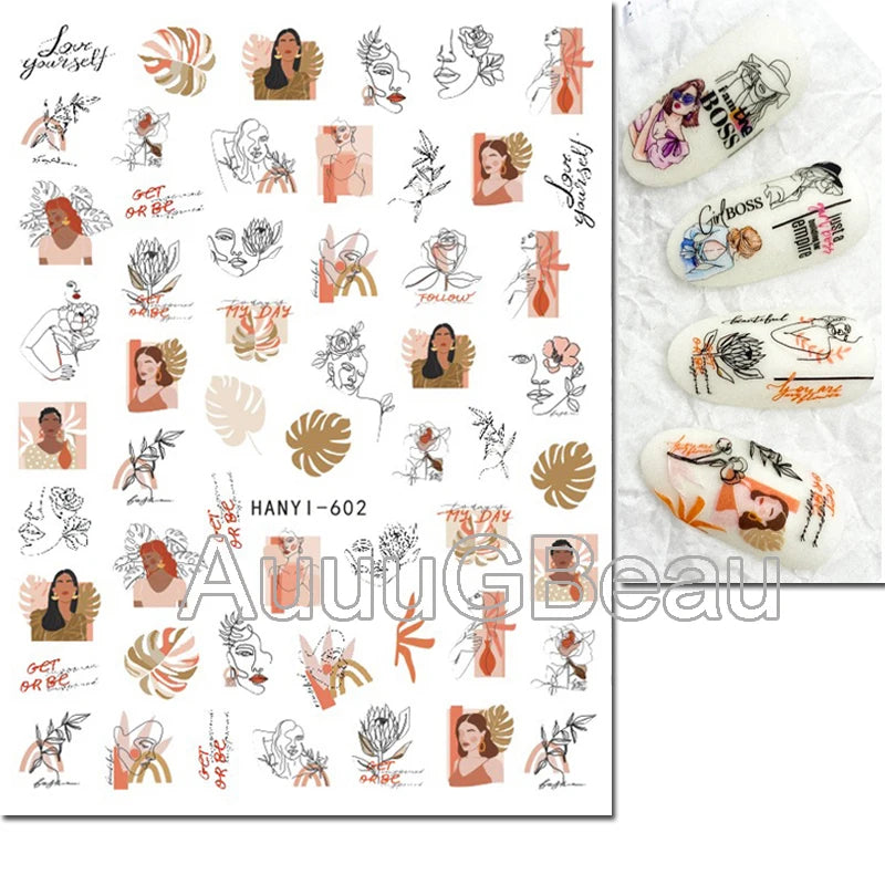 3d Nail Art Decals Tropical Palm Leaves Flowers Laces Faces Adhesive Sliders Nail Stickers Decoration For Nail Manicure