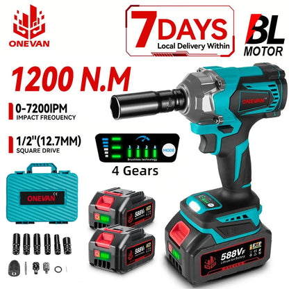 1200N.M Brushless Electric Impact Wrench, 3 Funtion 1/2" Cordless Portable Screwdriver Drill Tools For Makita Battery Pin, ONEVAN