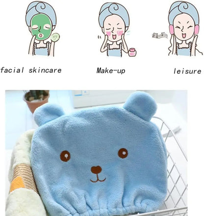Dry Hair Cap for Women - Soft Absorbent Lightweight, Quick-Drying Thick Microfiber, Cute Bear Embroidery, Shower Head Towel