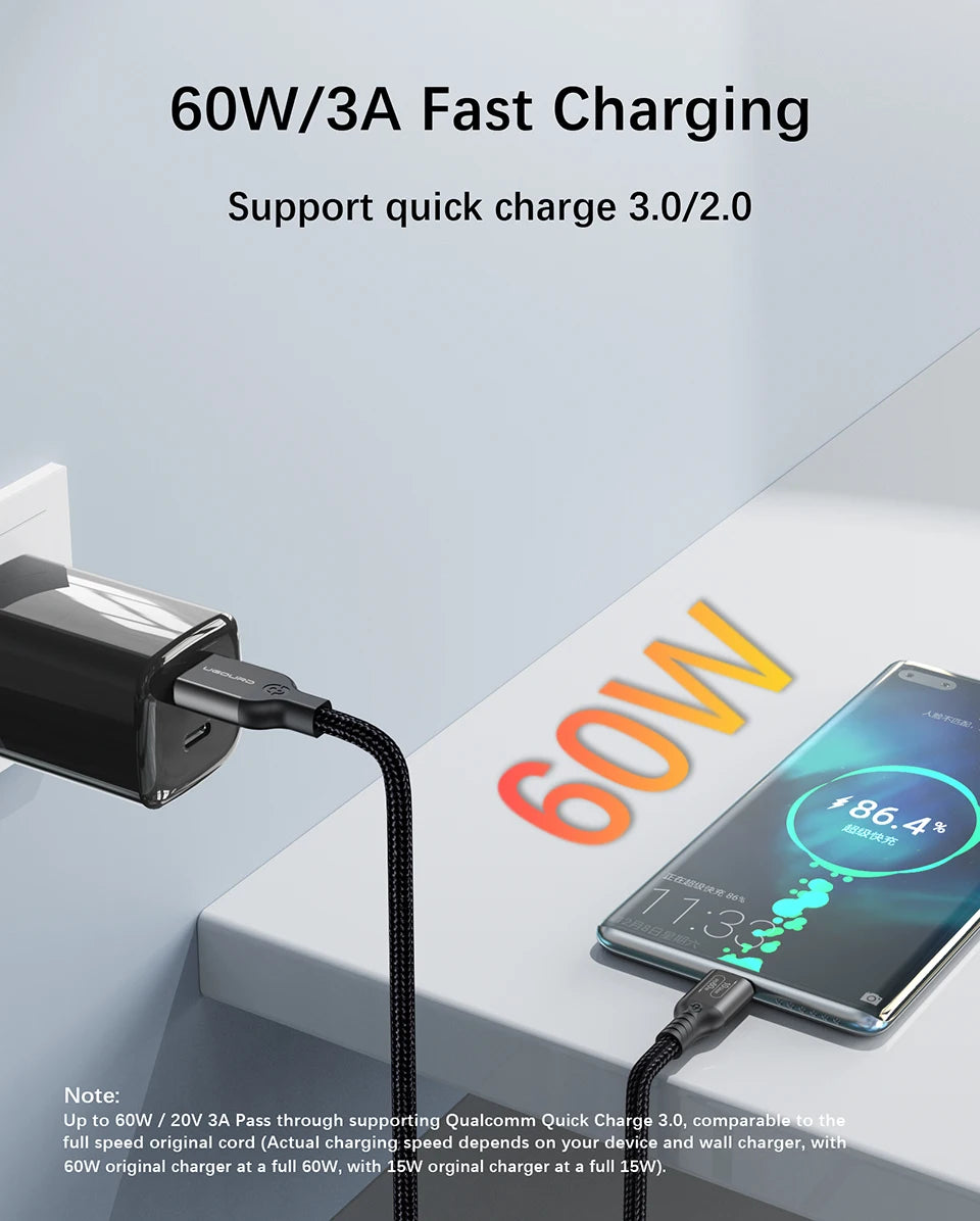 USB3.2 USB3.1 Gen2, 10Gbps Cable, USB-A to USB Type C Cable, 3A 60W Fast Charging, 10G Data Transfer Cord, USB-C for SSD Hard Disk