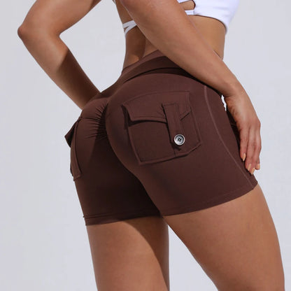 Pantalones Cortos de Yoga QINACTIVE para Mujer con Bolsillos, Fruncidos en los Glúteos, Mallas de Gimnasio de Cintura Alta con Efecto Push Up, Pantalones Cortos Deportivos Sexy para Glúteos, Fitness