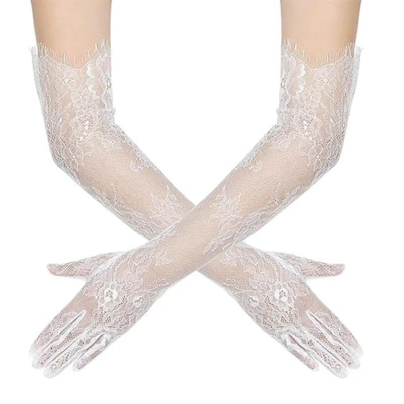 Women Sexy Thin Lace Flower White Black Long Gloves Transparent Mesh Eyelash Tulle Bridal Wedding Party Dress Accessories
