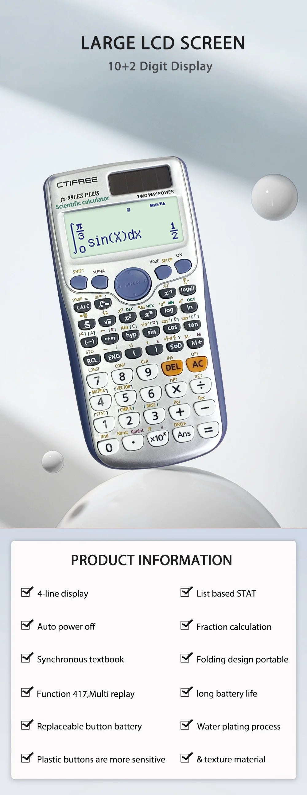 Calculator for FX-991ES-PLUS Original Scientific Calculator 417 Functions for High School University Students Office Coin Battery