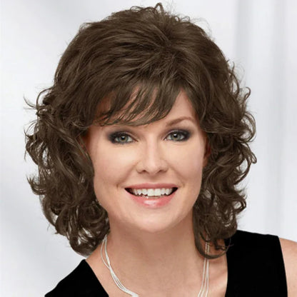 Women Synthetic Hair Wigs, Short Curly with Bangs, Shoulder Length  Blonde Grey White Brown Wig, HAIRJOY