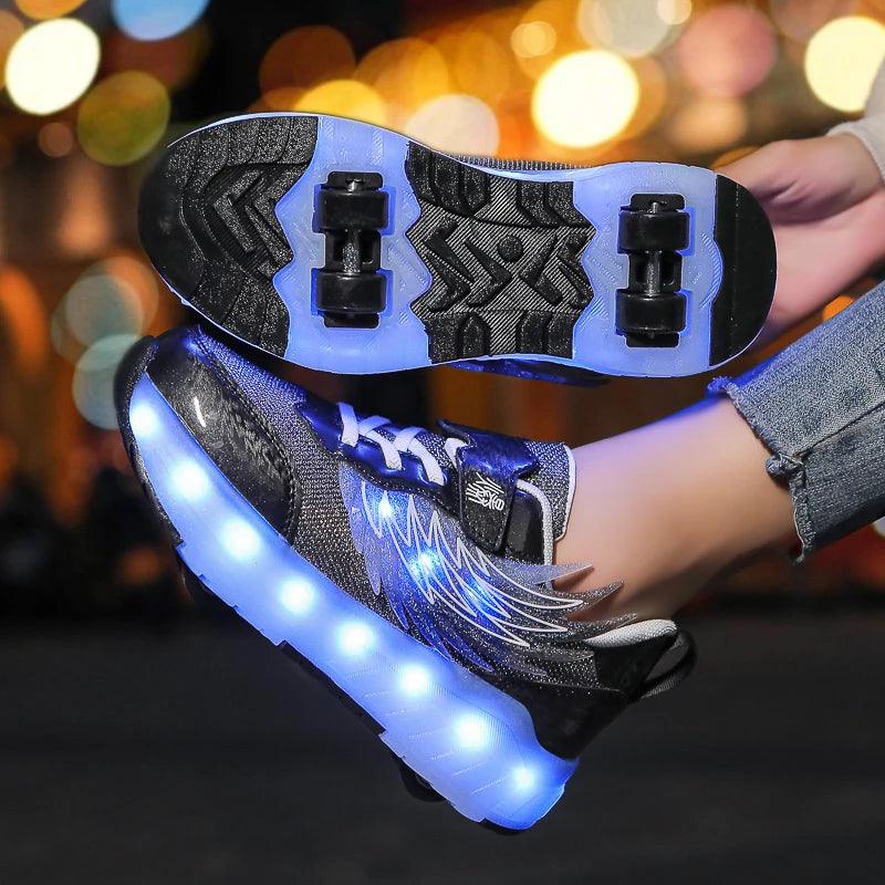 Boys Girls Roller Shoes LED Light Up USB Charging Children Roller Skate Casual Skateboarding Shoes Sports Shoes Kids Sneakers