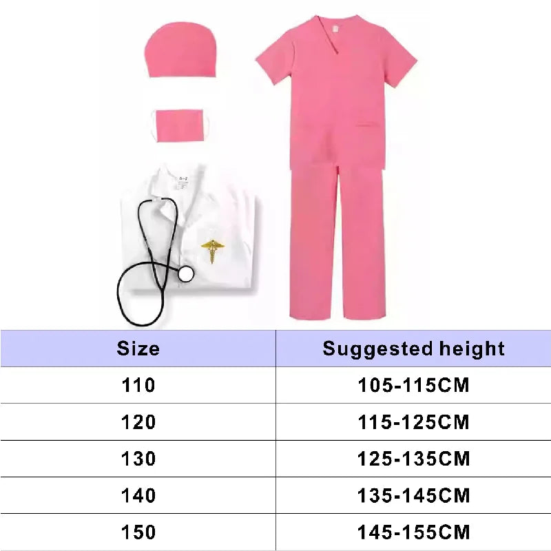 7PCS Unisex Doctor Nurse Costume Set for Role Play Pink/Green/Blue Medical Scrubs with Stethoscope Halloween Dress Up Clothes