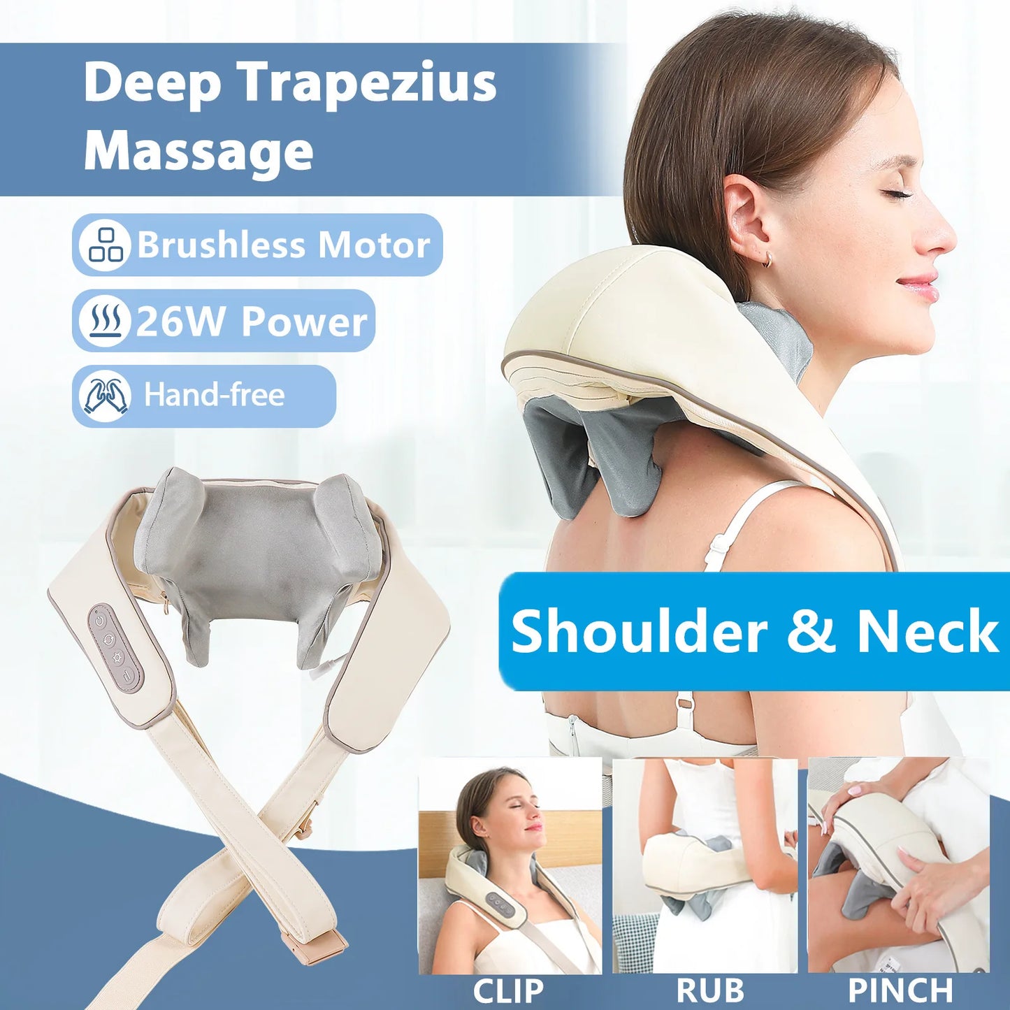 Foreverlily 26W Brushless Motor Neck and Shoulder Massager, Wireless Shoulder and Back Kneading Massage Shawl, Neck Masajeador