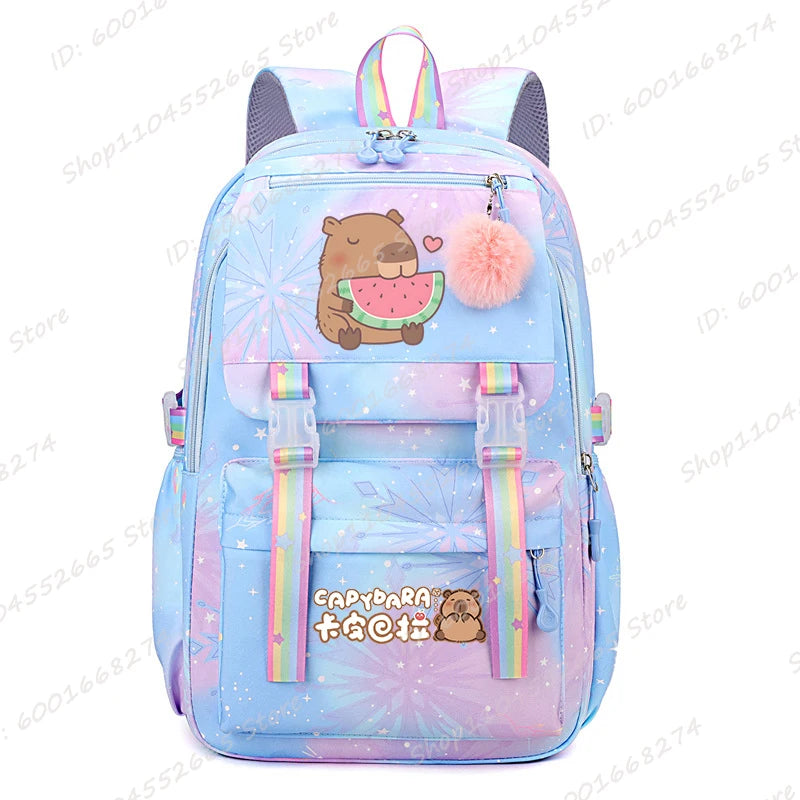 Capybara & Watermelon Graphic Print Schoolbags, Cute Cartoon Children Backpack, Girls Boys School Backpack, Capybara Lovers Bags