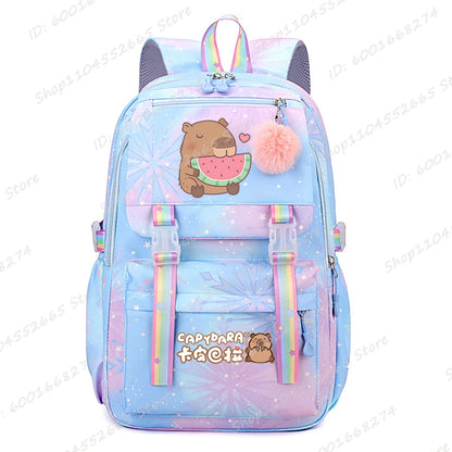 Capybara & Watermelon Graphic Print Schoolbags, Cute Cartoon Children Backpack, Girls Boys School Backpack, Capybara Lovers Bags