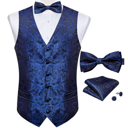 Suit Vest With Bow Tie Pocket Square Cufflinks Light Blue Black Red Paisley Luxury Wedding Prom Tuxedo Waistcoat for Men