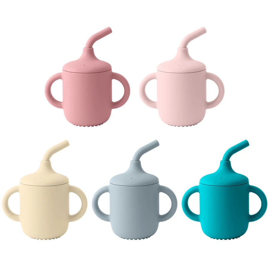 Color Kids 1Pcs Baby Learning Drinking Cup Portable Straw Detailed Comfortable Grip Silicone Double Ear Kids Sippy Cup Baby Stuff