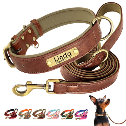 Customized Leather Dog Collar Leash Set, Soft Padded Leather Collar For Small Medium Large Dogs With Free Engraved Nameplate