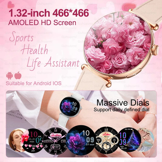 1.32''AMOLED Screen Women Smartwatch Call ECG Sport Watch Blood Pressure Micro Physical Examination DIY Dial Smart Watches Woman