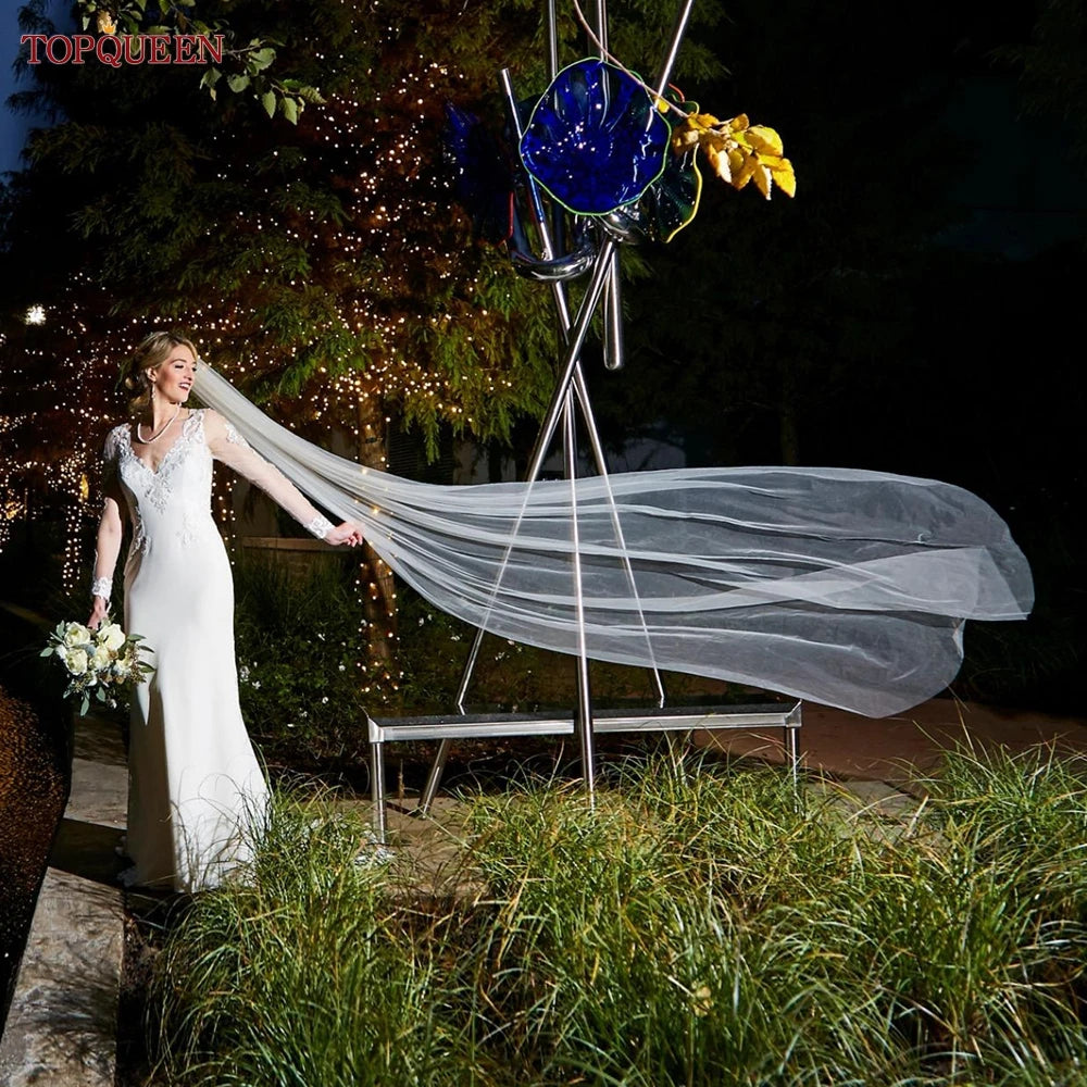 TOPQUEEN V30 Classic Bridal Wedding Veils Plain Yarn 1 Tier Soft Wedding Long Veil with Comb Wedding Dress Accessories Black Red