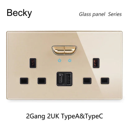 Gold Tempered Glass Wall Switch Panel LED European 16A Socket Retro Toggle Light Switch EU UK Standard 2USB Socket 1Gang-4Gang
