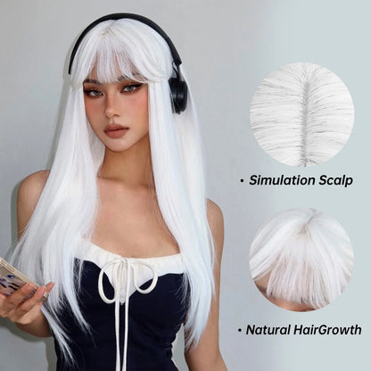 White Long Straight Synthetic Wigs for Women, Colorful Cosplay Party Fake Hair with Bangs, White Wig, HighTemperature Fiber, HENRY MARGU