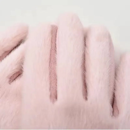 Korean Elegant Suede Gloves for Women Faux Mink Fur Warm and Skin Friendly Touch Screen Gloves Sweet and Soft Commuting Gloves