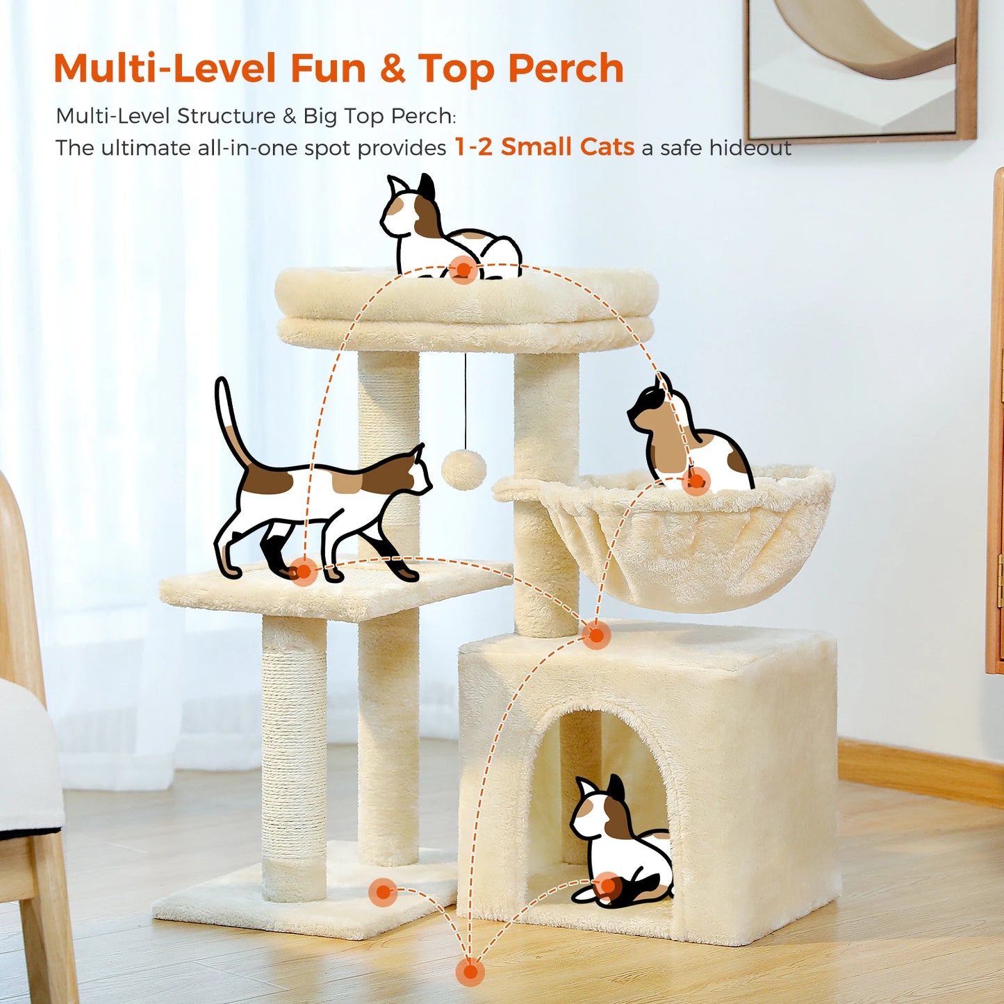 Cat tree, Cat Tower for Indoor Cats, 2 Styles Cat Activity Tree with Cat Scratching Posts, Big Hammock and Removable Top Perch Grey
