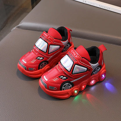 2026 Kids' Casual Shoes Led Light Car Club Cartoon PU Leather Spring Shoes For Children Anti-slip Red Blue Shoes Size 21-30
