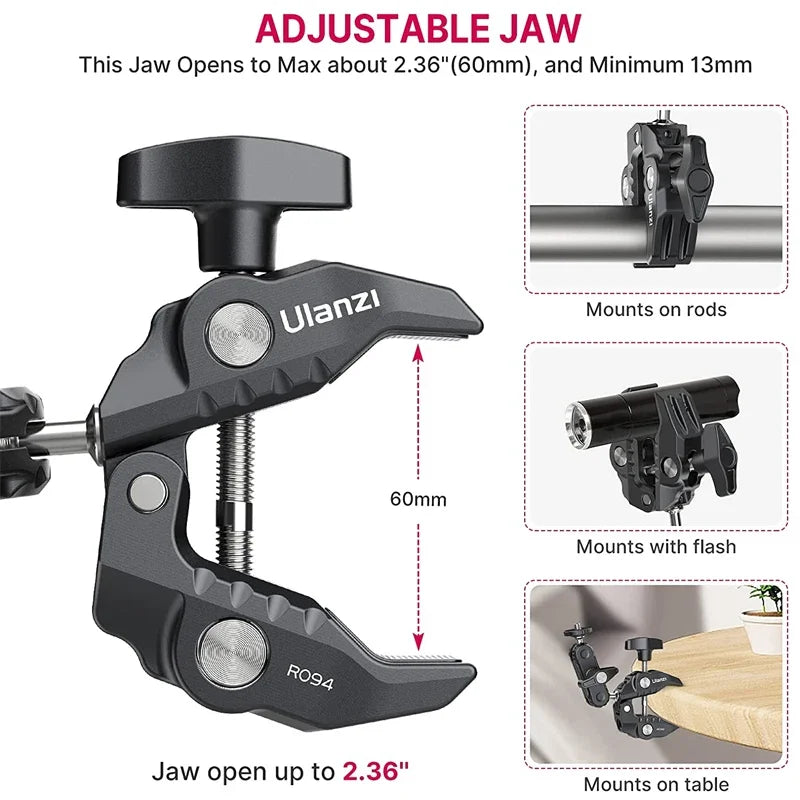 Metal Super Clamp with Double Ball Head, Magic Arm Clamp with 1/4" 3/8" Hole for DSLR Camera Monitor Light Mic Mount, Ulanzi R094