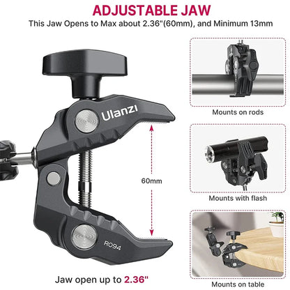 Metal Super Clamp with Double Ball Head, Magic Arm Clamp with 1/4" 3/8" Hole for DSLR Camera Monitor Light Mic Mount, Ulanzi R094