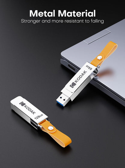 Kodak K133 USB 3.1 Flash Drive 64GB 128GB 256GB 512GB Read Speed 120MB/s Metal Body Leather Band USB3.1 Pen Drive for PC & HD-TV