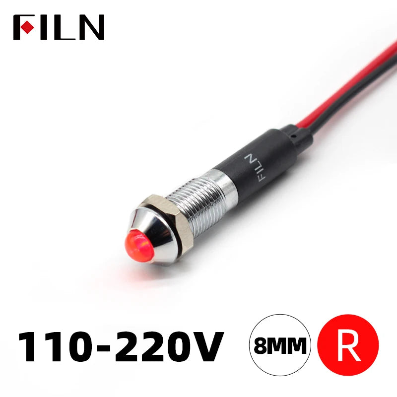 FILN 8mm LED Light Panel Mounted Raised Head LED Light Panel Black Metal Shell Mini 12V 24V 110V 220V With 20cm Cable